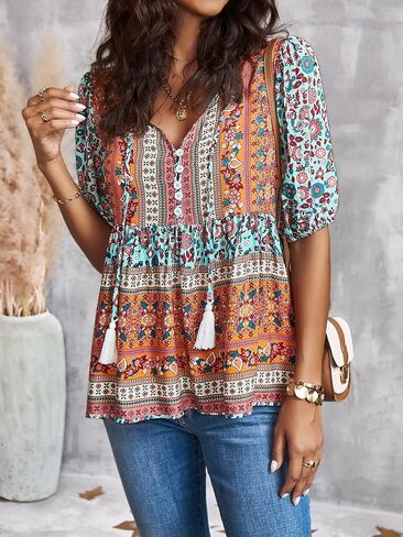 Floerns Women's Boho Color Block Tie Neck Puff Sleeve Peplum Blouse Top in Saudi Arabia