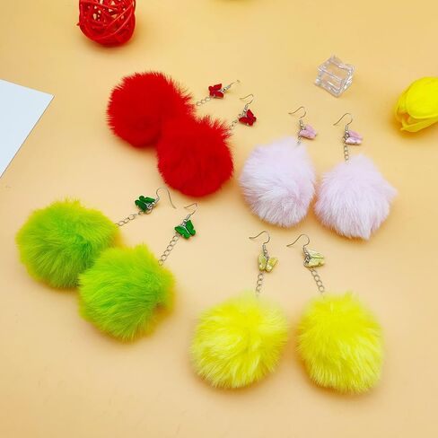 6 أزواج من أقراط بوم بوم للنساء من الفرو الصناعي أقراط منفوشة ملونة أقراط بوم للفتيات المراهقات in Kuwait