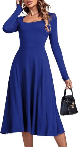 LYANER Women's Square Neck Long Sleeve Empire Waist A Line Flare Solid Midi Dress in Kuwait