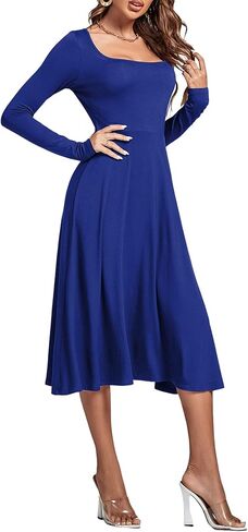 LYANER Women's Square Neck Long Sleeve Empire Waist A Line Flare Solid Midi Dress in Kuwait