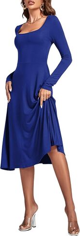LYANER Women's Square Neck Long Sleeve Empire Waist A Line Flare Solid Midi Dress in Kuwait