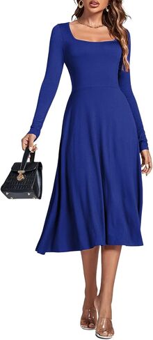 LYANER Women's Square Neck Long Sleeve Empire Waist A Line Flare Solid Midi Dress in Kuwait