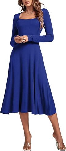 LYANER Women's Square Neck Long Sleeve Empire Waist A Line Flare Solid Midi Dress in Kuwait