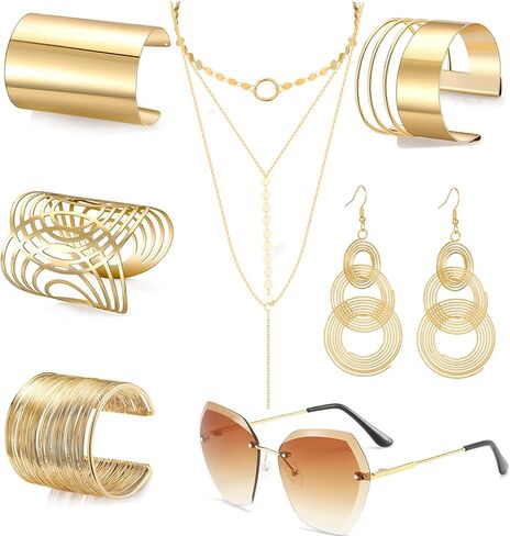 Jewdreamer 7 قطع ديسكو إكسسوارات مجموعة مجوهرات للنساء بدون إطار قطع الماس النظارات الشمسية الكفة الذهبية الإسورة الطبقات المختنق قلادة ديسكو الأقراط in Kuwait