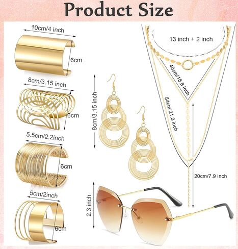 Jewdreamer 7 قطع ديسكو إكسسوارات مجموعة مجوهرات للنساء بدون إطار قطع الماس النظارات الشمسية الكفة الذهبية الإسورة الطبقات المختنق قلادة ديسكو الأقراط in Kuwait