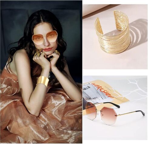 Jewdreamer 7 قطع ديسكو إكسسوارات مجموعة مجوهرات للنساء بدون إطار قطع الماس النظارات الشمسية الكفة الذهبية الإسورة الطبقات المختنق قلادة ديسكو الأقراط in Kuwait