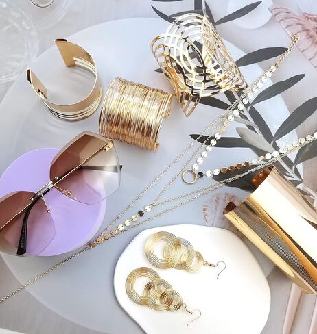 Jewdreamer 7 قطع ديسكو إكسسوارات مجموعة مجوهرات للنساء بدون إطار قطع الماس النظارات الشمسية الكفة الذهبية الإسورة الطبقات المختنق قلادة ديسكو الأقراط in Kuwait