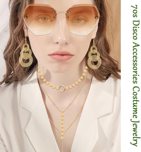 Jewdreamer 7 قطع ديسكو إكسسوارات مجموعة مجوهرات للنساء بدون إطار قطع الماس النظارات الشمسية الكفة الذهبية الإسورة الطبقات المختنق قلادة ديسكو الأقراط in Kuwait