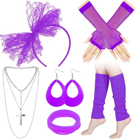 Blulu 6 Pcs 80s Accessories for Women Fancy Costume Dress Neon Lace Headband Earrings Fishnet Gloves Necklace Bracelet Leg Warmers Retro Party in Saudi Arabia