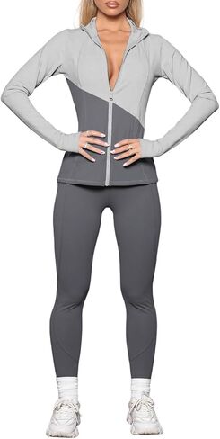 Herseas Womens 2 Piece Workout Sets Color Block Fitness Gray Gym Set Long Sleeve with Thumb Holes Jacket Tights Leggings Medium in Saudi Arabia
