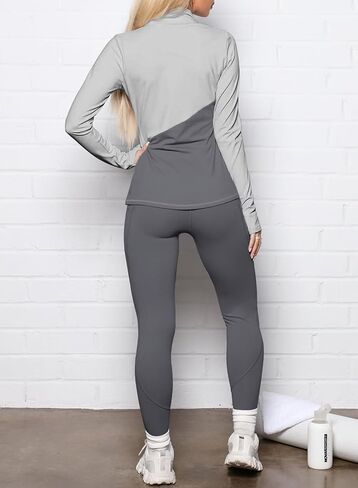 Herseas Womens 2 Piece Workout Sets Color Block Fitness Gray Gym Set Long Sleeve with Thumb Holes Jacket Tights Leggings Medium in Saudi Arabia