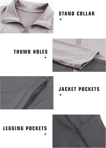 Herseas Womens 2 Piece Workout Sets Color Block Fitness Gray Gym Set Long Sleeve with Thumb Holes Jacket Tights Leggings Medium in Saudi Arabia