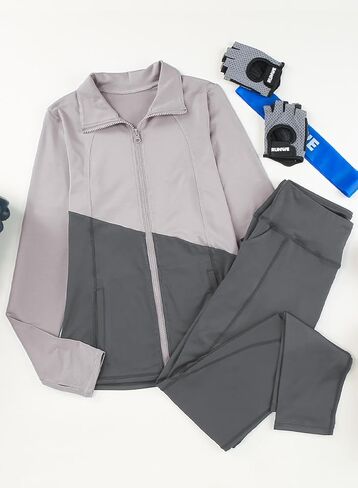 Herseas Womens 2 Piece Workout Sets Color Block Fitness Gray Gym Set Long Sleeve with Thumb Holes Jacket Tights Leggings Medium in Saudi Arabia