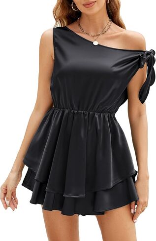 ثوب فضفاض قصير بدون أكتاف للسيدات من Zexxxy مصنوع من الساتان بطبقة مزدوجة وحاشية مكشكشة قصيرة وملابس الحفلات in Kuwait