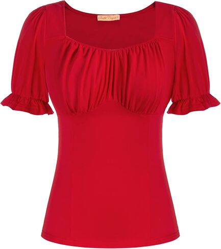 Belle Poque Women Vintage Ruched Tops Square Neck Puff Short Sleeve Cotton Shirt in Saudi Arabia