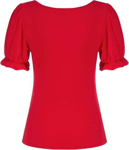 Belle Poque Women Vintage Ruched Tops Square Neck Puff Short Sleeve Cotton Shirt in Saudi Arabia