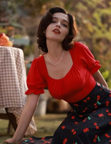 Belle Poque Women Vintage Ruched Tops Square Neck Puff Short Sleeve Cotton Shirt in Saudi Arabia