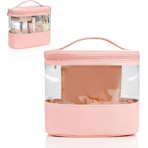CUBETASTIC Clear Makeup Bags, Waterproof Travel Cosmetic Bag Plastic Transparent Organizer Women Makeup Pouch with Handle Mesh Pockets for Cosmetics Toiletries (Black)