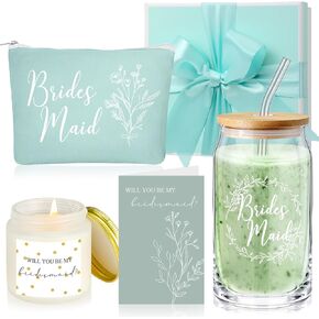 Inbagi Maid of Honor Gifts Box Set of 5 Includes Glass Cup with Lid and Straw Makeup Bag Sage Scented Candle Wedding Invitation Cards Proposal Gifts for Bridal Party Favors (Gray)