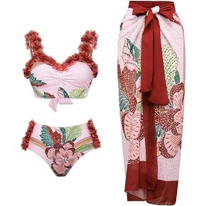 Womens V Neck One Piece Swimsuit with Beach Cover Up Sarong Bikini Skirt Set Bathing Suit Swimwear Monokinis