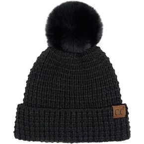 C.C Waffle Knit Pattern Cuff Beanie for Women Unisex - Acrylic Stretchable Soft Warm with Faux Fur Pom Knit Winter Skully Hat