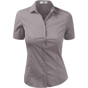 DOUBLJU Women's Slim Fit Plain Classic Short Sleeve Button Down Collar Shirt Blouse