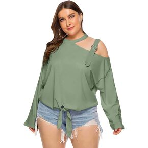 OYOANGLE Women's Plus Size Cut Out Asymmetrical Neck Cold Shoulder Long Sleeve Knot Hem Blouse Top in Saudi Arabia