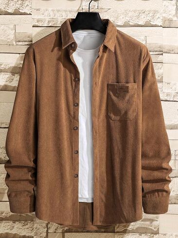 قميص رجالي من Comdecevis بأكمام طويلة وقميص عمل مضلع وأزرار سفلية مع جيب على الصدر in Kuwait