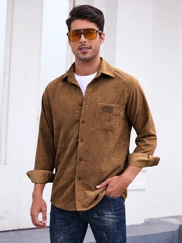 قميص رجالي من Comdecevis بأكمام طويلة وقميص عمل مضلع وأزرار سفلية مع جيب على الصدر in Kuwait