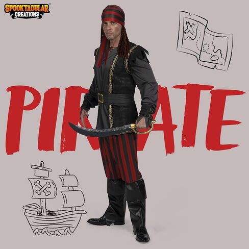 Spooktacular Creations Men Ruthless Rogue Pirate with Bandana Vest Pants Shirt Boot Cover Wristbands Set for Halloween in Saudi Arabia