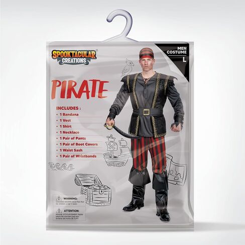 Spooktacular Creations Men Ruthless Rogue Pirate with Bandana Vest Pants Shirt Boot Cover Wristbands Set for Halloween in Saudi Arabia