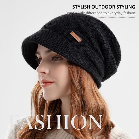 DANMY Womens Winter Beanie Hat,Fleece Lining Warm Knitted Slouchy Beanie Hats Cap with Visor in Kuwait