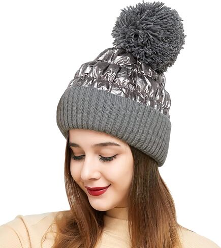 Muryobao Womens Winter Beanie Hat Warm Fleece Lined Shiny Metallic Pom Cuffed Knit Skull Cap in Saudi Arabia