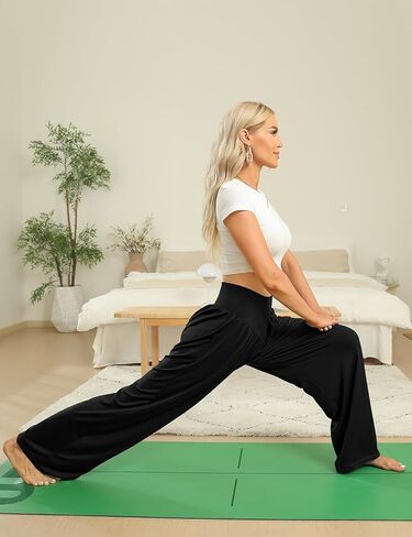 بنطال نسائي واسع الساق من UEU، كاجوال فضفاض وصالة اليوجا، بنطال Palazzo عالي الخصر مرن على شكل حرف V مع جيوب in Kuwait