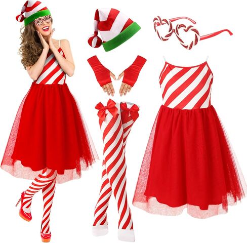 5 Pcs Women Christmas Candy Cane Costume Santa Hat Tutu Dress Striped Tights Glitter Frame Glasses Gloves for Christmas Party in Saudi Arabia