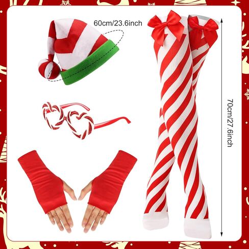 5 Pcs Women Christmas Candy Cane Costume Santa Hat Tutu Dress Striped Tights Glitter Frame Glasses Gloves for Christmas Party in Saudi Arabia