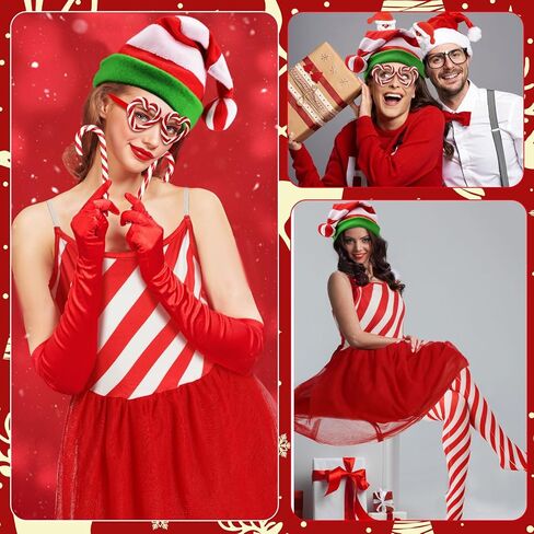 5 Pcs Women Christmas Candy Cane Costume Santa Hat Tutu Dress Striped Tights Glitter Frame Glasses Gloves for Christmas Party in Saudi Arabia