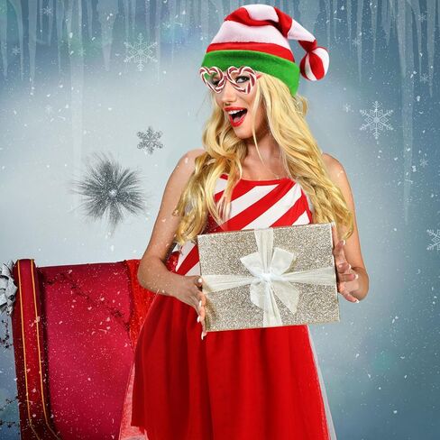 5 Pcs Women Christmas Candy Cane Costume Santa Hat Tutu Dress Striped Tights Glitter Frame Glasses Gloves for Christmas Party in Saudi Arabia