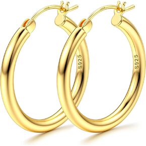 MILACOLATO S925 Sterling Silver Hoop Earrings 14K Real Gold Plated 3mm Chunky Hoops Large Gold Hoop Earrings Hypoallergenic Lightweight Big Silver Hoop Earrings for Women Girls 15/20/30/40/50/60/70mm in Kuwait