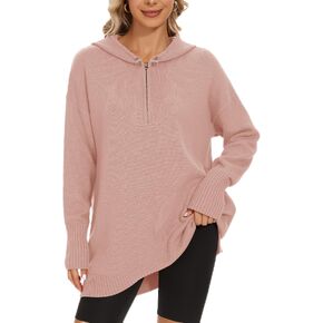 Womens Fall Knit Sweater Drawstring Hooides Long Sleeve Side Slit Pullover Top Oversized Ribbed Knit Quarter Zipper Pullover