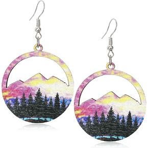 Handmade Bohemian Colorful Vintage Nature Wooden Mountain Dangle Drop Earrings Boho Lightweight Wood Hollow Teardrop Hook Earring with Tree Pattern for Women Girls Statement Outdoor Enthusiast Jewelry Gifts