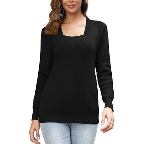 OPREXO Women's Square Neck Casual Long Sleeve Tops Ribbed Knit Loose Pullover Sweater