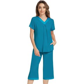 NACHILA Pajamas Set for Women-Viscose Made from Bamboo, Short Sleeve Sleepwear with Capri Pants Pajama V Neck Cool Pjs in Saudi Arabia