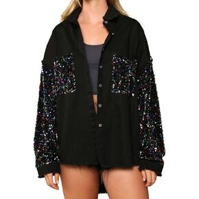 Joiemont Womens Color Block Oversize Twill and Sequin Shacket Sparkle Long Sleeve Casual Denim Jacket