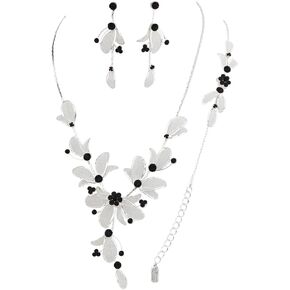 Rosemarie Collections Women's 3 Piece Rhinestone Crystal And Metal Mesh Floral Statement Necklace Bracelet Earring Jewelry Set, 17"+4" Extender