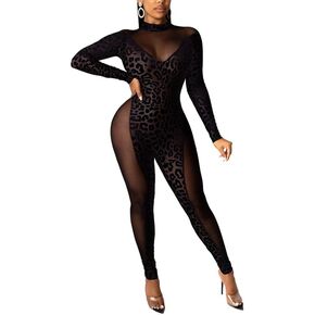 Tiberu Women's Sexy See Through Leopard Jumpsuit Long Sleeve V Neck Mesh Sheer Bodycon Jumpsuit Cocktail Party Clubwear
