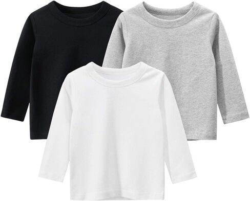 ILAVSUN Girl Boy Long Sleeve T-Shirts - 3 Pieces Unisex Casual Solid Tee Shirt Crew Neck Cotton Tshirt Top in Kuwait