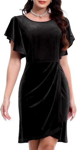 فستان Bbonlinedress نسائي قصير مخملي مكشكش لحفلات الكوكتيل وأكمام مرفرفة للشتاء in Kuwait