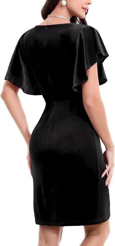 فستان Bbonlinedress نسائي قصير مخملي مكشكش لحفلات الكوكتيل وأكمام مرفرفة للشتاء in Kuwait