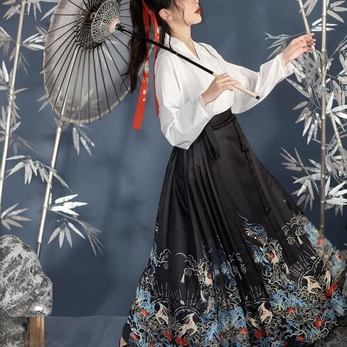 Women's Modern Hanfu Outfit Cross Collar Hanfu Shirt Horce Face Pleated Skirt Ming Dynasty Mamianqun Chinese Ancient Costume in Saudi Arabia